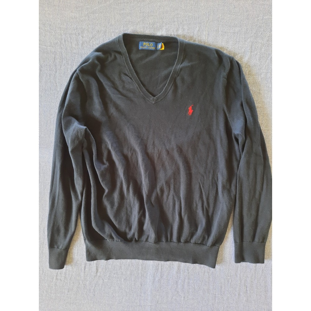 Polo Ralph Lauren Mens Navy Blue Cotton V-Neck Sweater Red Pony Logo Large